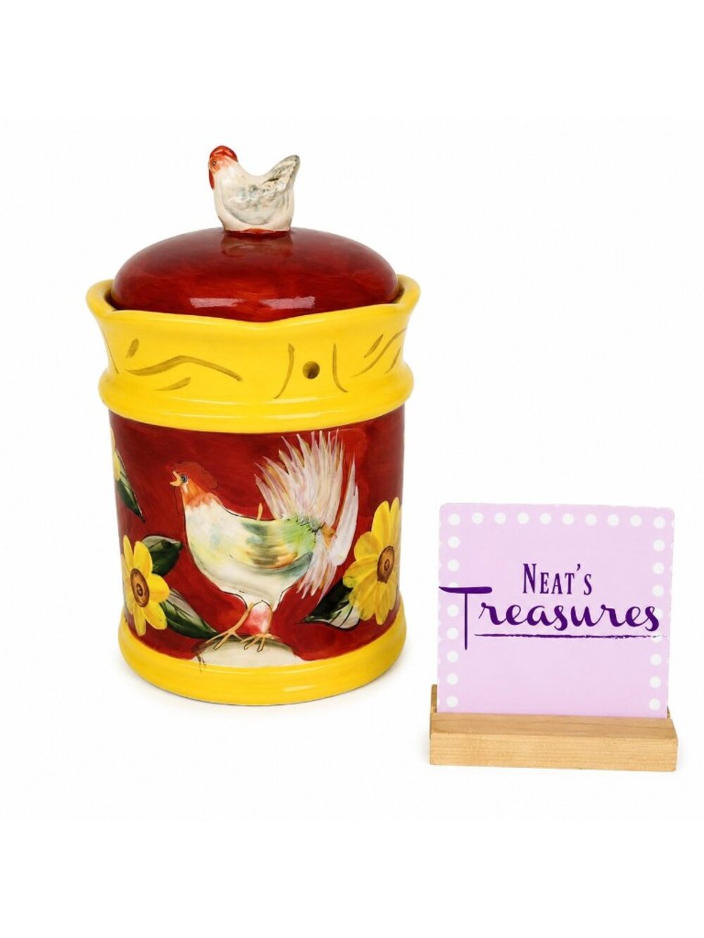 Susan Winget Cracker Barrel ROOSTER Colorful Ceramic Small Lidded Canister Jar